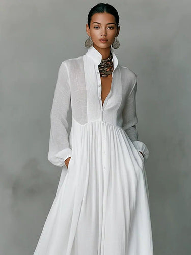 Linen Blend Maxi Shirt Dress with Stand Collar and Pockets