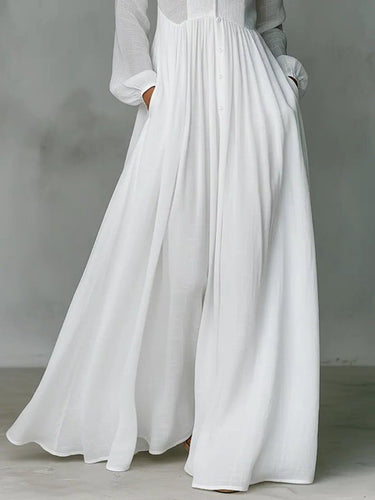 Linen Blend Maxi Shirt Dress with Stand Collar and Pockets