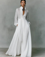 Linen Blend Maxi Shirt Dress with Stand Collar and Pockets