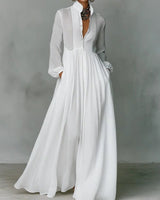 Linen Blend Maxi Shirt Dress with Stand Collar and Pockets