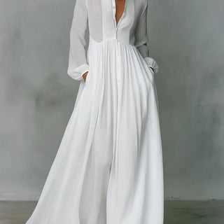 Linen Blend Maxi Shirt Dress with Stand Collar and Pockets