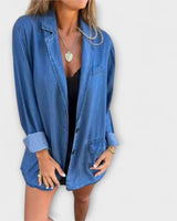 Long Denim Blazer with Button-Front Closure