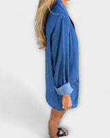 Long Denim Blazer with Button-Front Closure