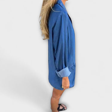 Long Denim Blazer with Button-Front Closure