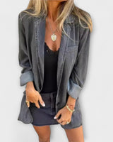 Long Denim Blazer with Button-Front Closure