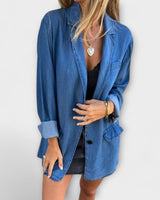 Long Denim Blazer with Button-Front Closure