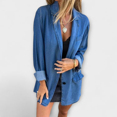 Long Denim Blazer with Button-Front Closure