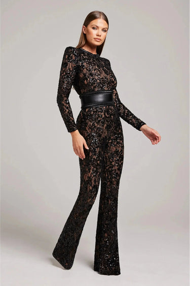 Long Sleeve Embellished Flared Jumpsuit