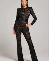 Long Sleeve Embellished Flared Jumpsuit