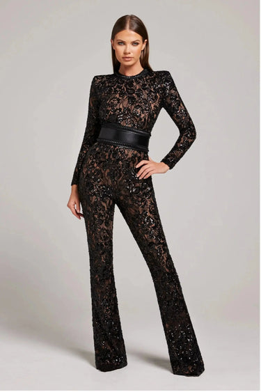 Long Sleeve Embellished Flared Jumpsuit