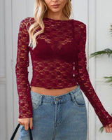 Long Sleeve Lace Top with Semi-Sheer Body