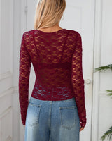 Long Sleeve Lace Top with Semi-Sheer Body
