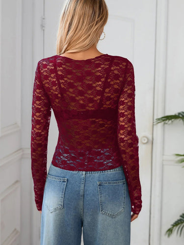 Long Sleeve Lace Top with Semi-Sheer Body