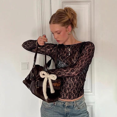 Long Sleeve Lace Top with Semi-Sheer Body