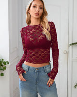Long Sleeve Lace Top with Semi-Sheer Body