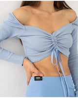 Long Sleeve Off-Shoulder Crop Top with Ruched Front