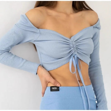 Long Sleeve Off-Shoulder Crop Top with Ruched Front