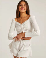 Long Sleeve Off-Shoulder Crop Top with Ruched Front