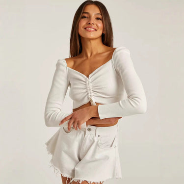 Long Sleeve Off-Shoulder Crop Top with Ruched Front