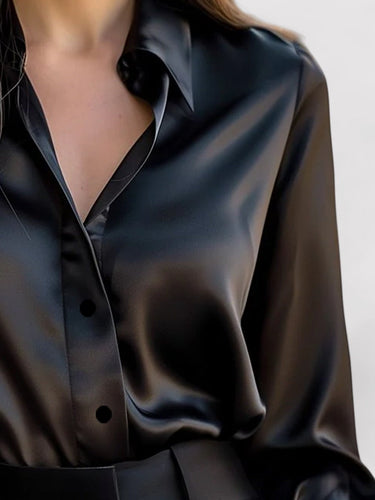 Long Sleeve Satin Blouse with Classic Collar