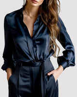 Long Sleeve Satin Blouse with Classic Collar