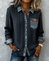Flat lay of long sleeve denim patchwork shirt with buckle detail