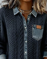 Long Sleeve Shirt with Denim Patchwork Panel and Buckle Detail