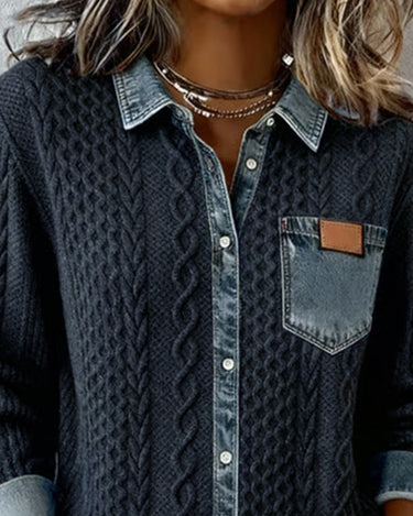 Long Sleeve Shirt with Denim Patchwork Panel and Buckle Detail