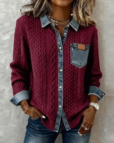 Long Sleeve Shirt with Denim Patchwork Panel and Buckle Detail