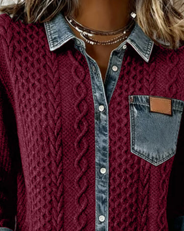 Long Sleeve Shirt with Denim Patchwork Panel and Buckle Detail