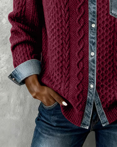 Long Sleeve Shirt with Denim Patchwork Panel and Buckle Detail