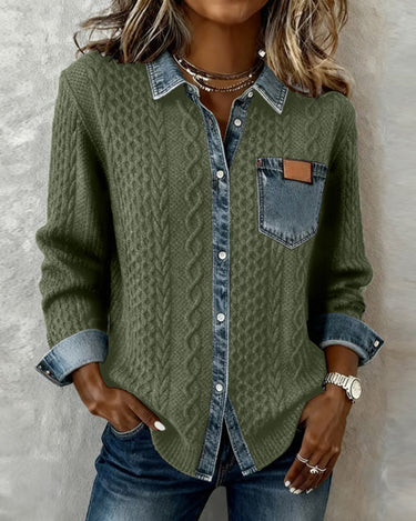 Long Sleeve Shirt with Denim Patchwork Panel and Buckle Detail