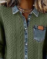 Long Sleeve Shirt with Denim Patchwork Panel and Buckle Detail