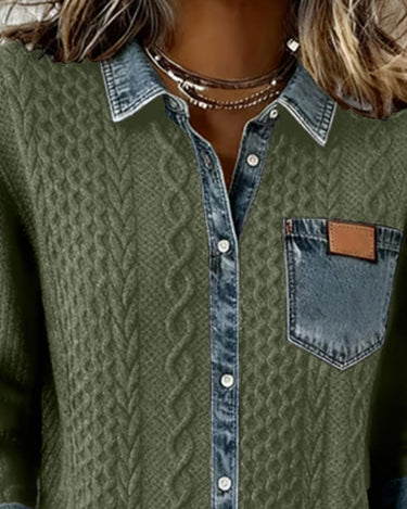 Long Sleeve Shirt with Denim Patchwork Panel and Buckle Detail