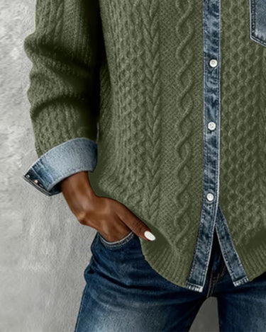 Long Sleeve Shirt with Denim Patchwork Panel and Buckle Detail