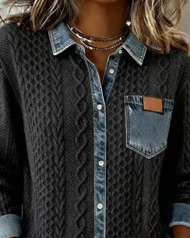 Close-up of denim patchwork panel on woven shirt body