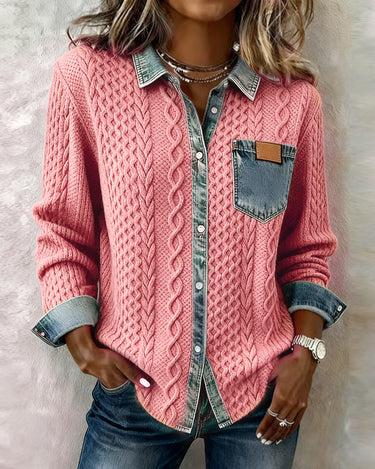 Close-up of buckle detail on patchwork shirt
