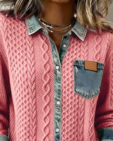 Side view of long sleeve patchwork shirt showing silhouette