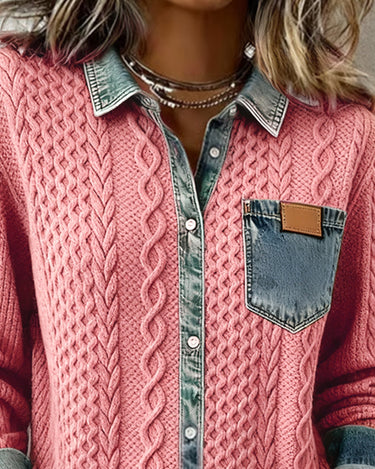 Side view of long sleeve patchwork shirt showing silhouette