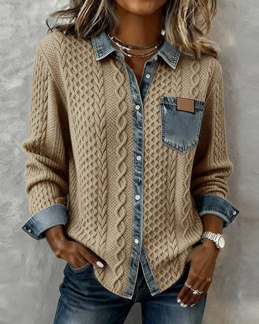 Full-length front view of patchwork shirt worn casually