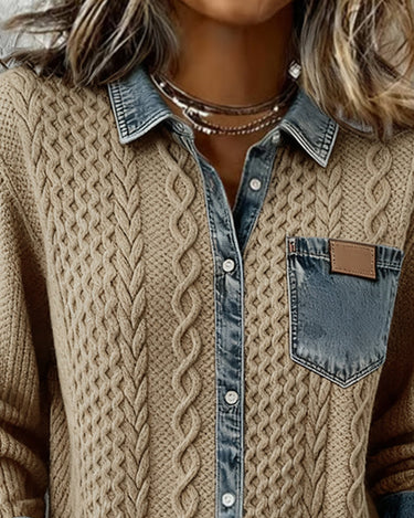 Three-quarter view of long sleeve shirt with denim patchwork