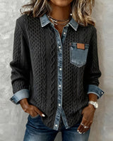Front view of long sleeve shirt with denim patchwork panel and buckle detail