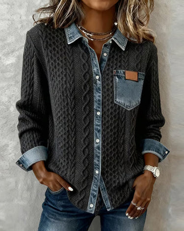 Front view of long sleeve shirt with denim patchwork panel and buckle detail