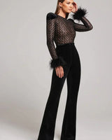 Long Sleeve Velvet Flared Jumpsuit with Sequin Bodice