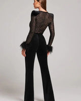Long Sleeve Velvet Flared Jumpsuit with Sequin Bodice