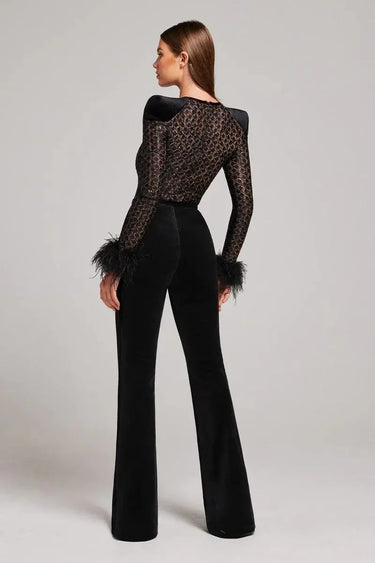 Long Sleeve Velvet Flared Jumpsuit with Sequin Bodice