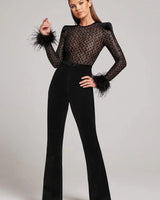 Long Sleeve Velvet Flared Jumpsuit with Sequin Bodice