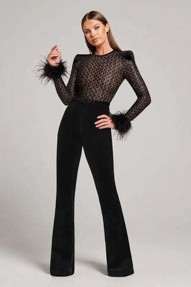 Long Sleeve Velvet Flared Jumpsuit with Sequin Bodice