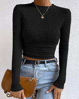 Long Sleeve Waffle Knit Crop Top with Crew Neck
