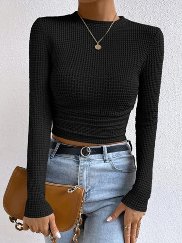 Long Sleeve Waffle Knit Crop Top with Crew Neck